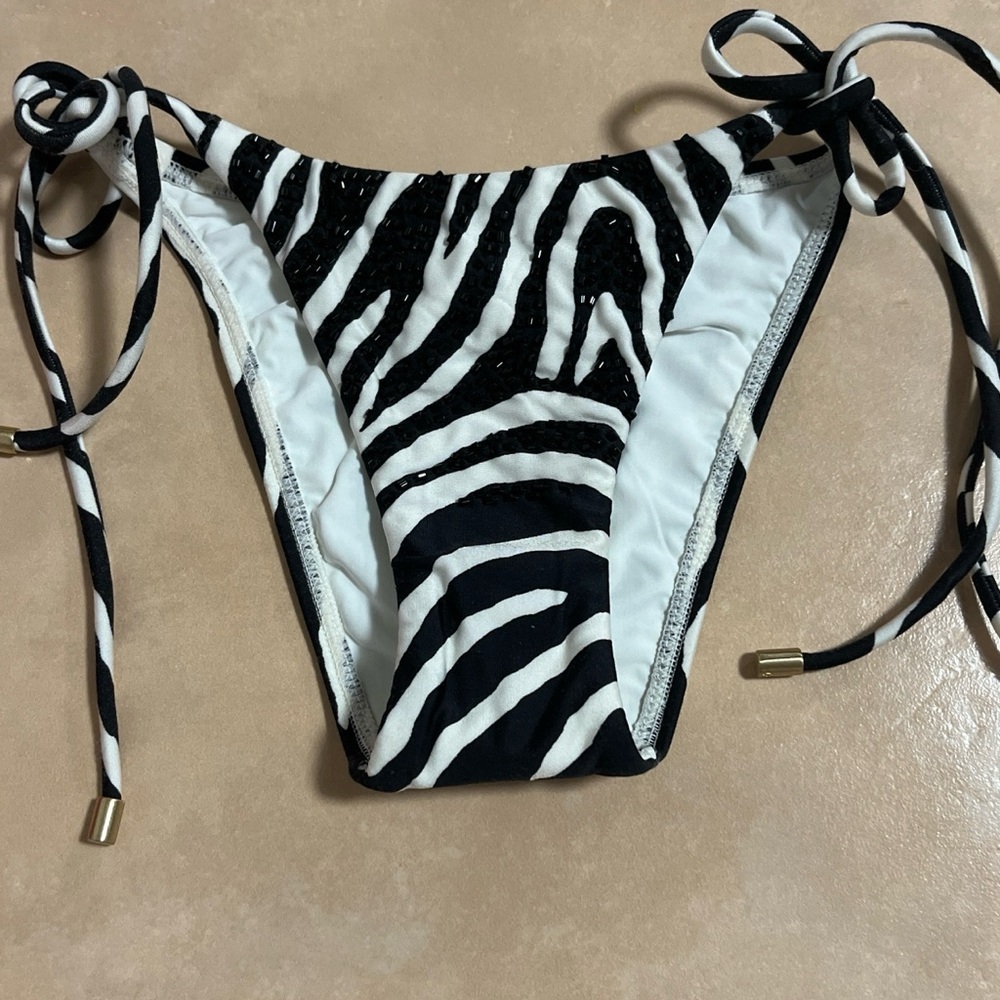 ViX Paula Hermanny Beaded Zebra Brazilian Tie Side Bikini Bottom Small NWOT